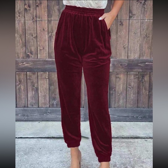 Luxe Velvet Comfy Pockets Elastic High Waist Joggers Pants Green - Picture 4 of 5